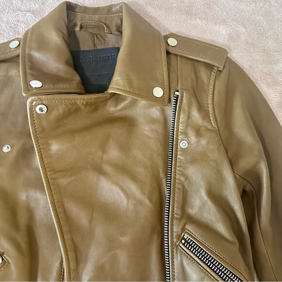 All Saints Balfern Leather Jacket Women US00 Moto Tan Camel Mustard - Picture 5 of 8